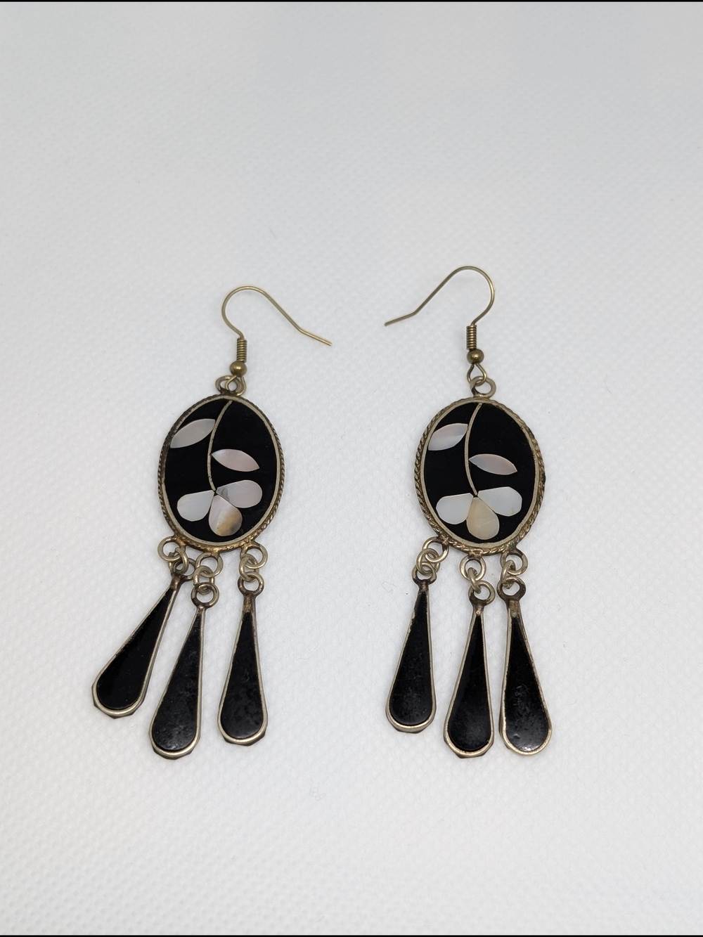 Vintage Alpaca Mexico black floral mother of pearl tassel drop earrings